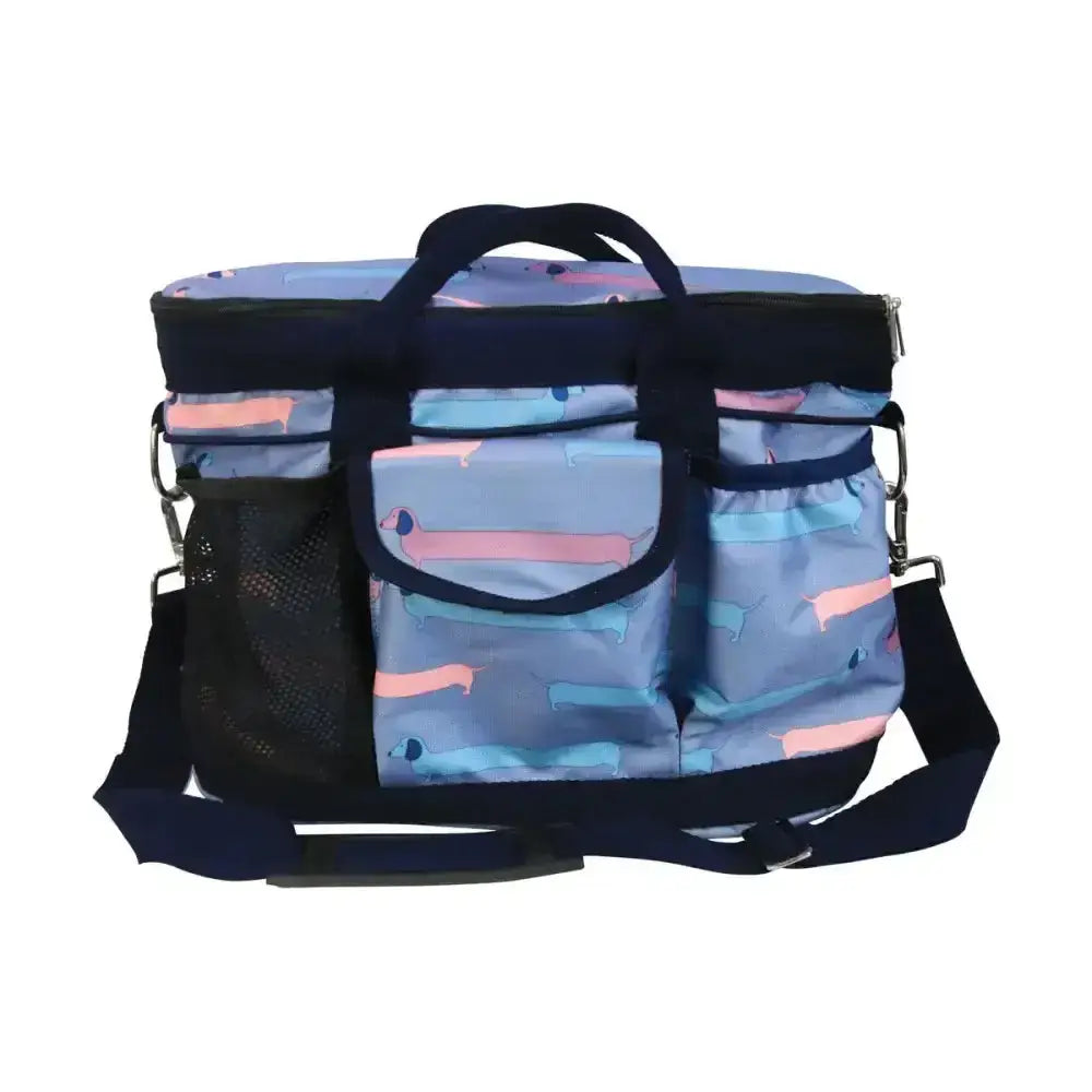 Blue and pink abstract patterned insulated cooler bag with black trim and strap for hy equestrian dorris dachshund grooming bag