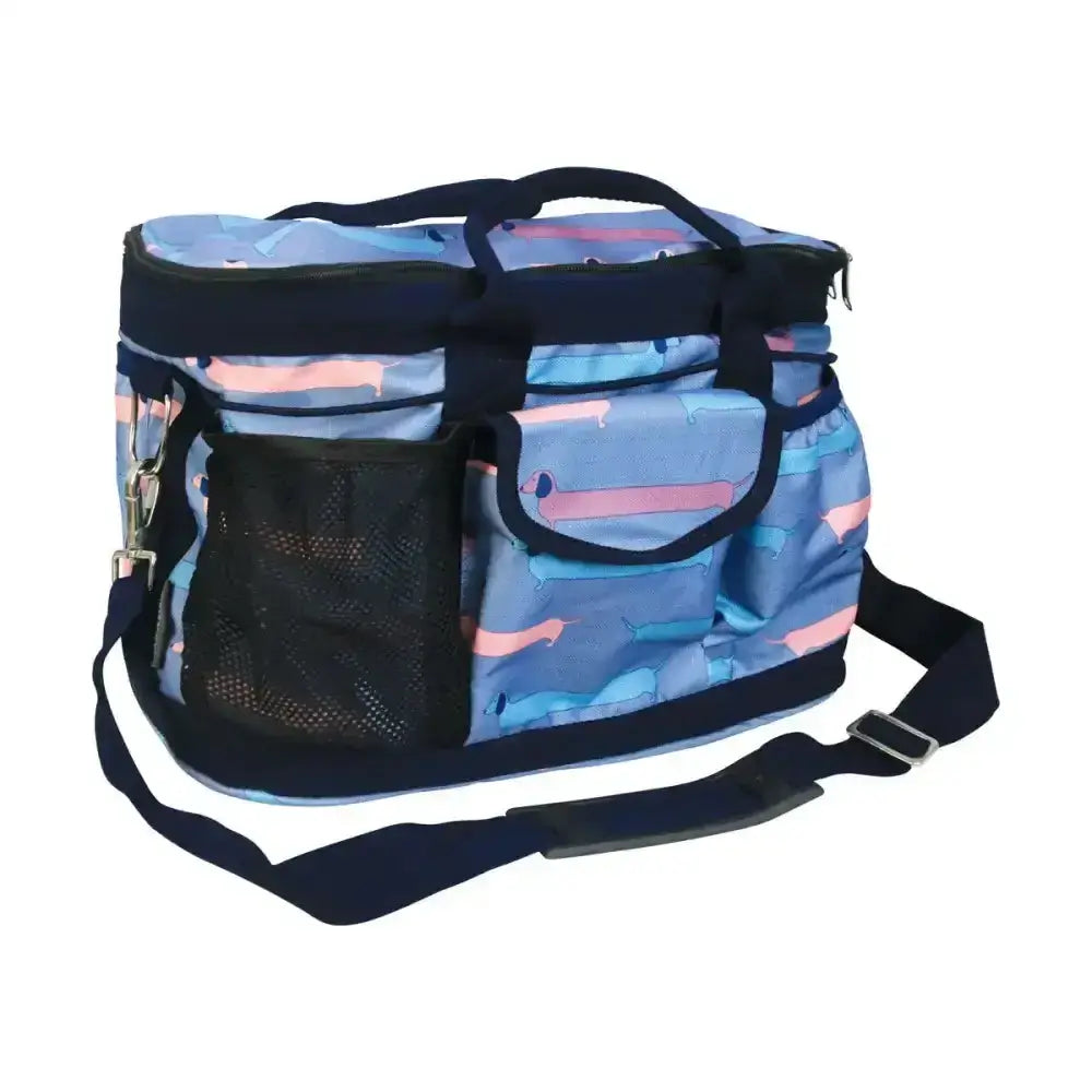 Blue and pink abstract patterned hy equestrian dorris dachshund grooming bag with mesh pocket and shoulder strap