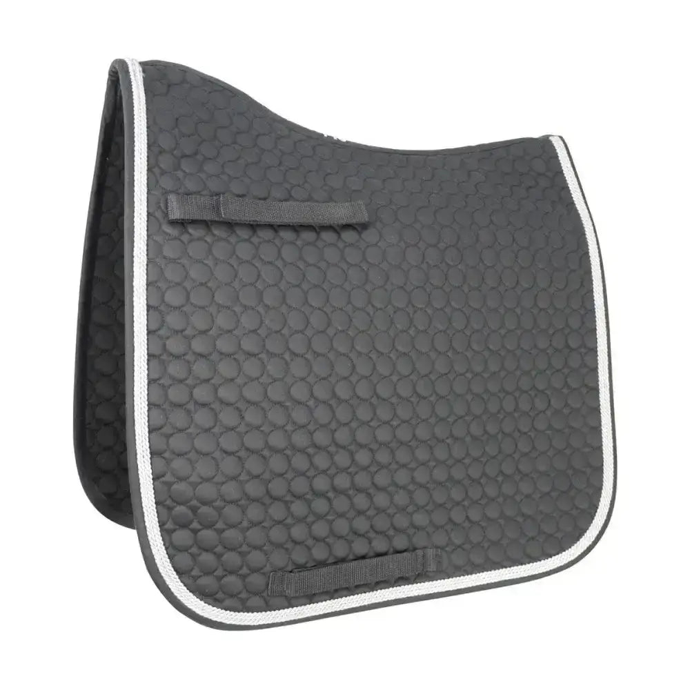 Dark gray hy equestrian double braid dressage pad with textured honeycomb pattern and white piping edges