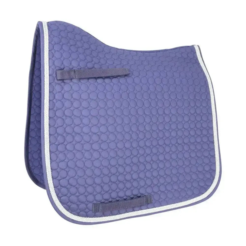 Purple quilted equestrian double braid dressage pad with white trim and gray straps by hy equestrian