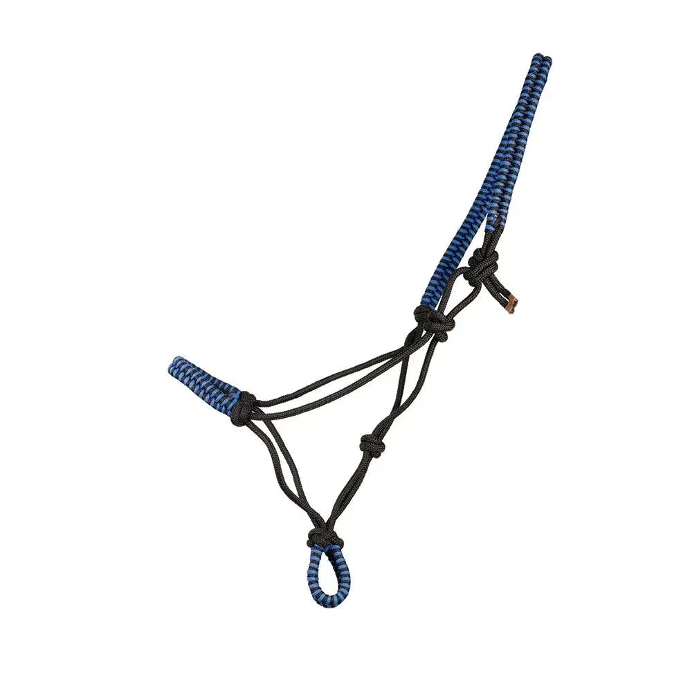 Blue and black braided Hy Equestrian double braid rope halter with reinforced knots for equestrian use