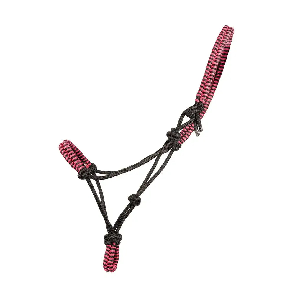 Pink and black braided horse halter with reinforced knots in hy equestrian double braid rope halter design