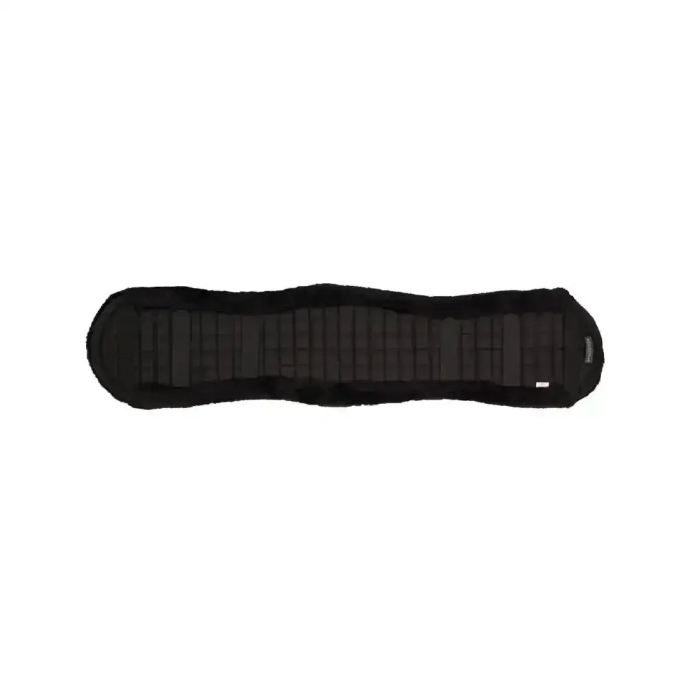 Black padded dressage fleece girth cover with textured segmented design made from faux sheepskin fleece by hy equestrian
