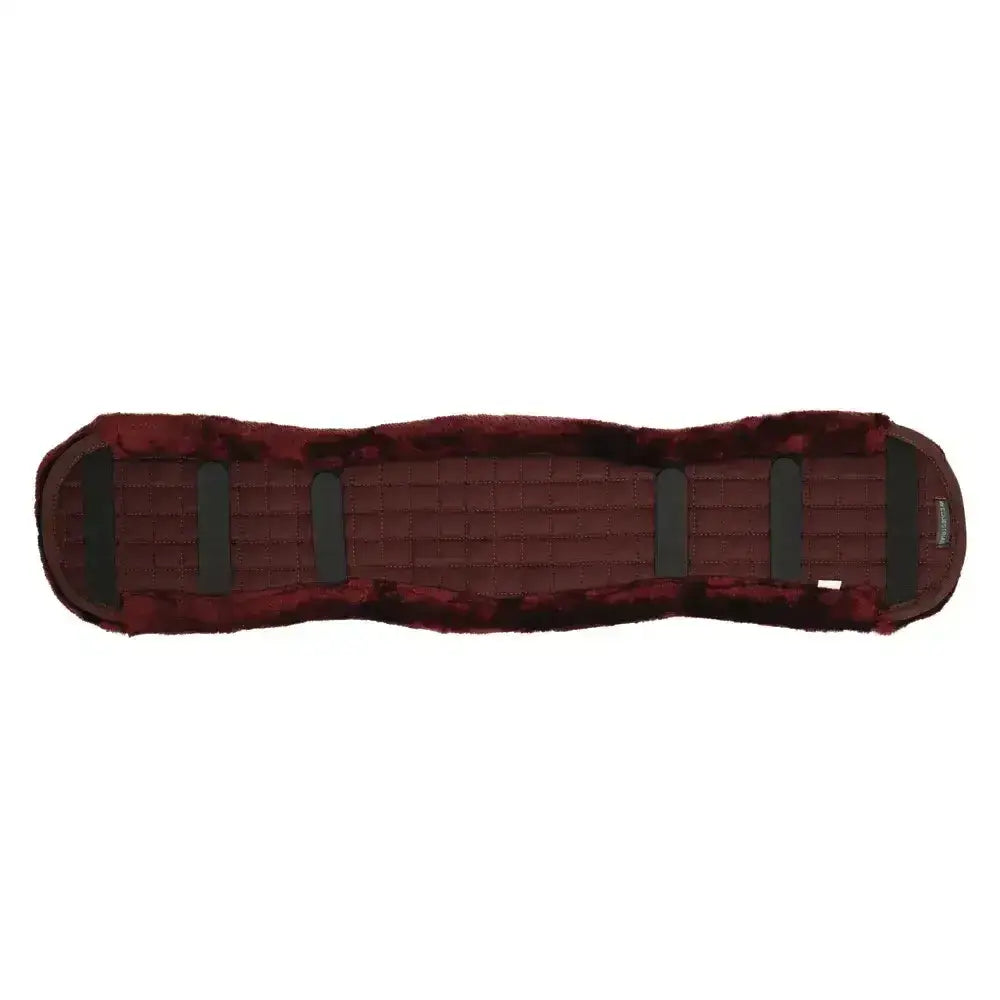 Maroon hy equestrian dressage fleece girth cover with faux sheepskin fleece and green velcro straps and grid interior