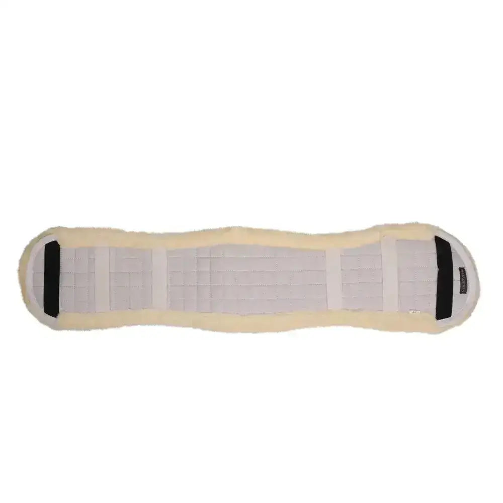 Cream-colored hy equestrian dressage fleece girth cover with faux sheepskin fleece and white mesh panels with black straps
