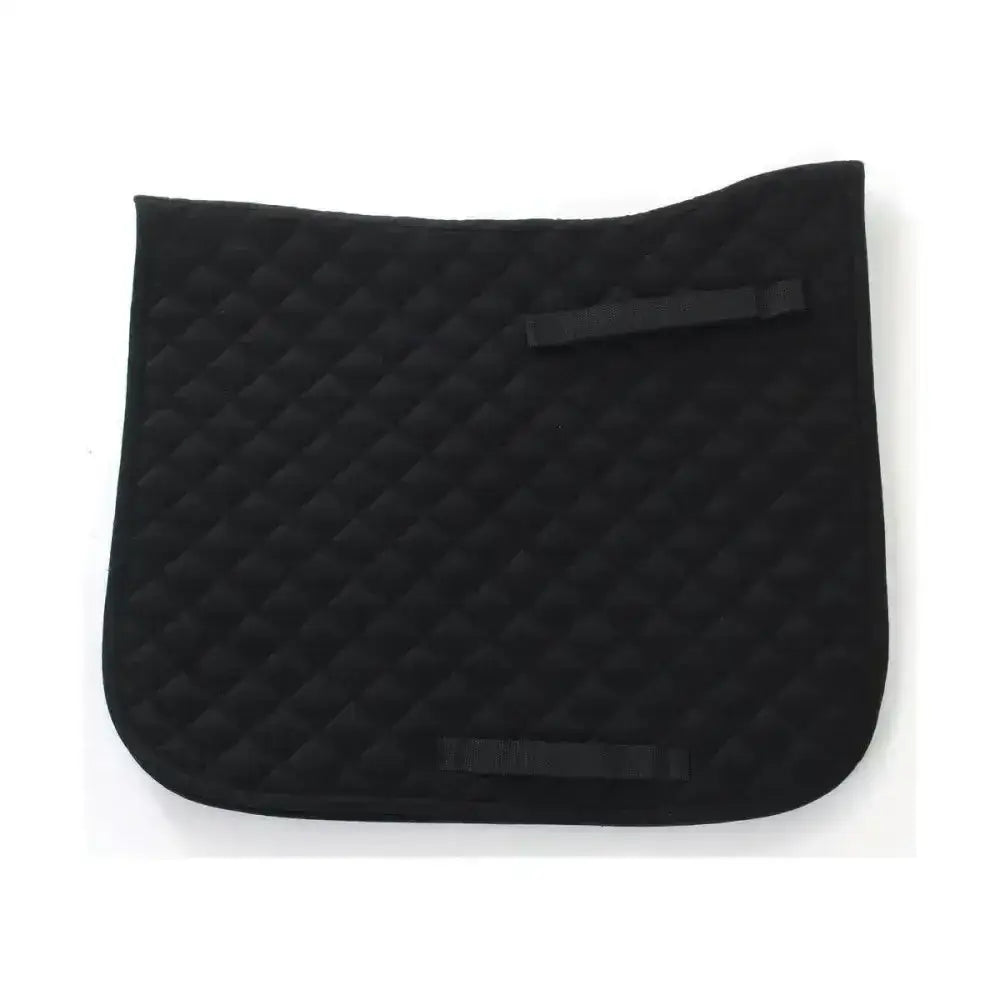 Black quilted hy equestrian dressage saddle cloth with diamond stitching and two black strap closures for dressage saddle