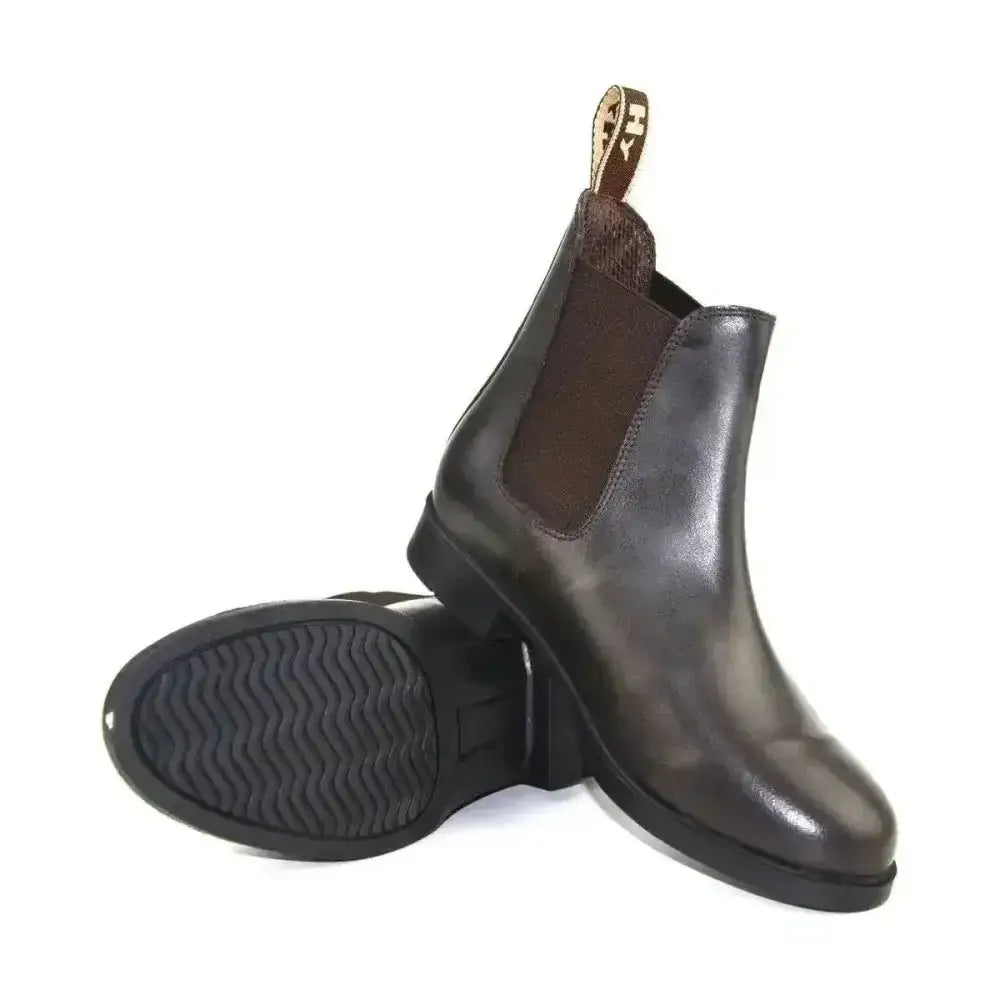 Back view of dark brown buff leather upper hy equestrian durham jodhpur boots with pull tab at the back