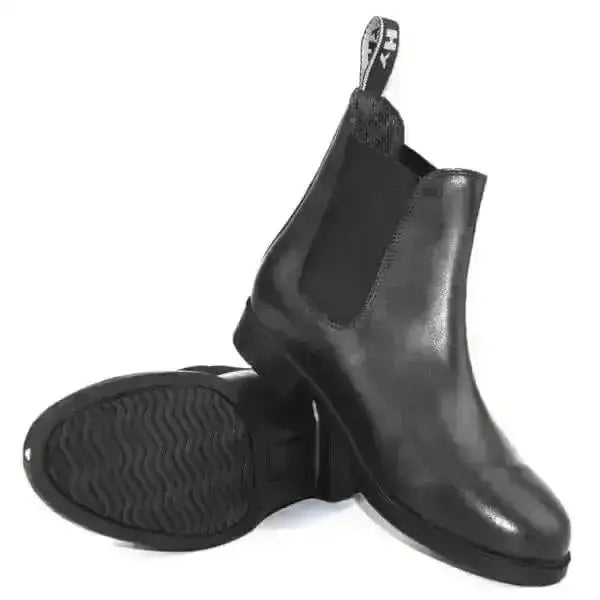 Black leather equestrian durham jodhpur boots for kids with elastic side panels and a pull tab at the back