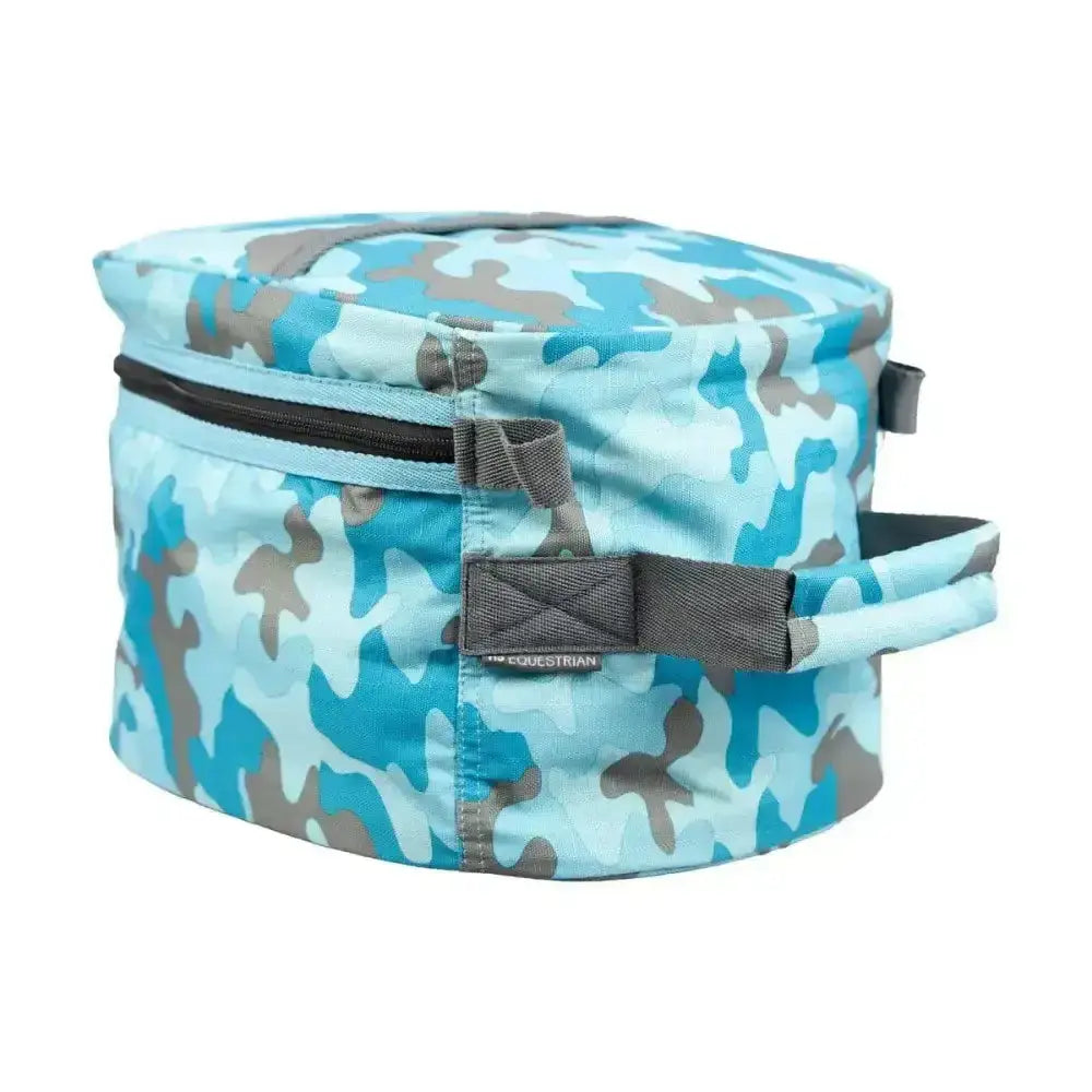 Light blue and gray camo dynaforce hat bag with black zipper and adjustable strap for equestrian dynaforce hat gear