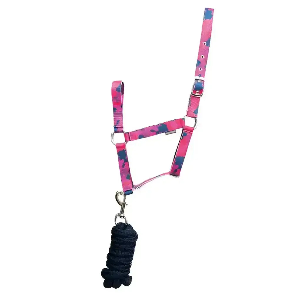 Hy Equestrian navy dynaforce head collar in pink and blue floral with black braided lead rope attached