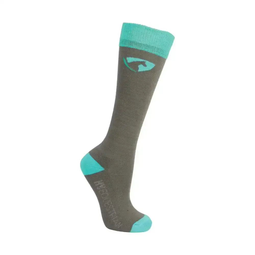 A teal and gray Hy Equestrian dynaforce sock with eye logo and reinforced toe and heel from dynaforce socks pack