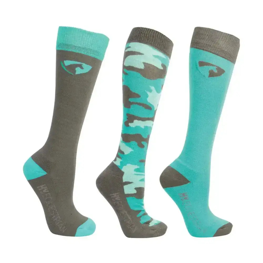 Three teal and gray hy equestrian dynaforce socks pack with camouflage and solid riding socks featuring logo accents