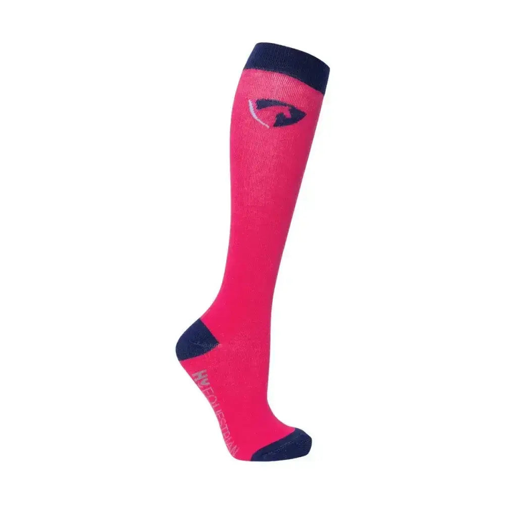 Bright pink hy equestrian dynaforce riding socks with navy accents at top toe and heel in dynaforce socks pack