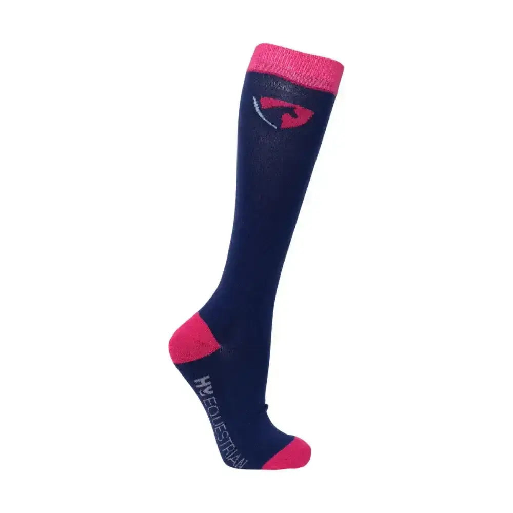 Navy blue hy equestrian dynaforce riding socks with pink accents and red logo in a dynaforce socks pack of 5