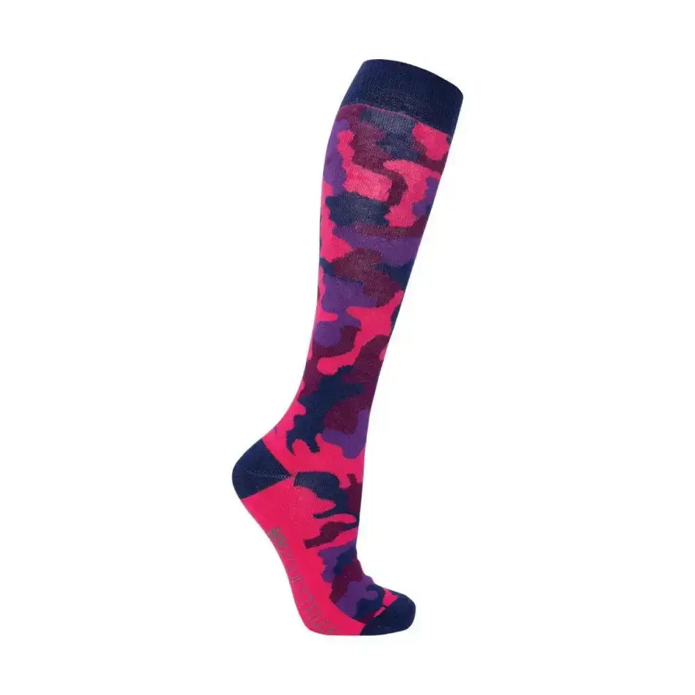 A vibrant pink and navy blue camouflage equestrian dynaforce sock with a solid dark blue cuff for riding