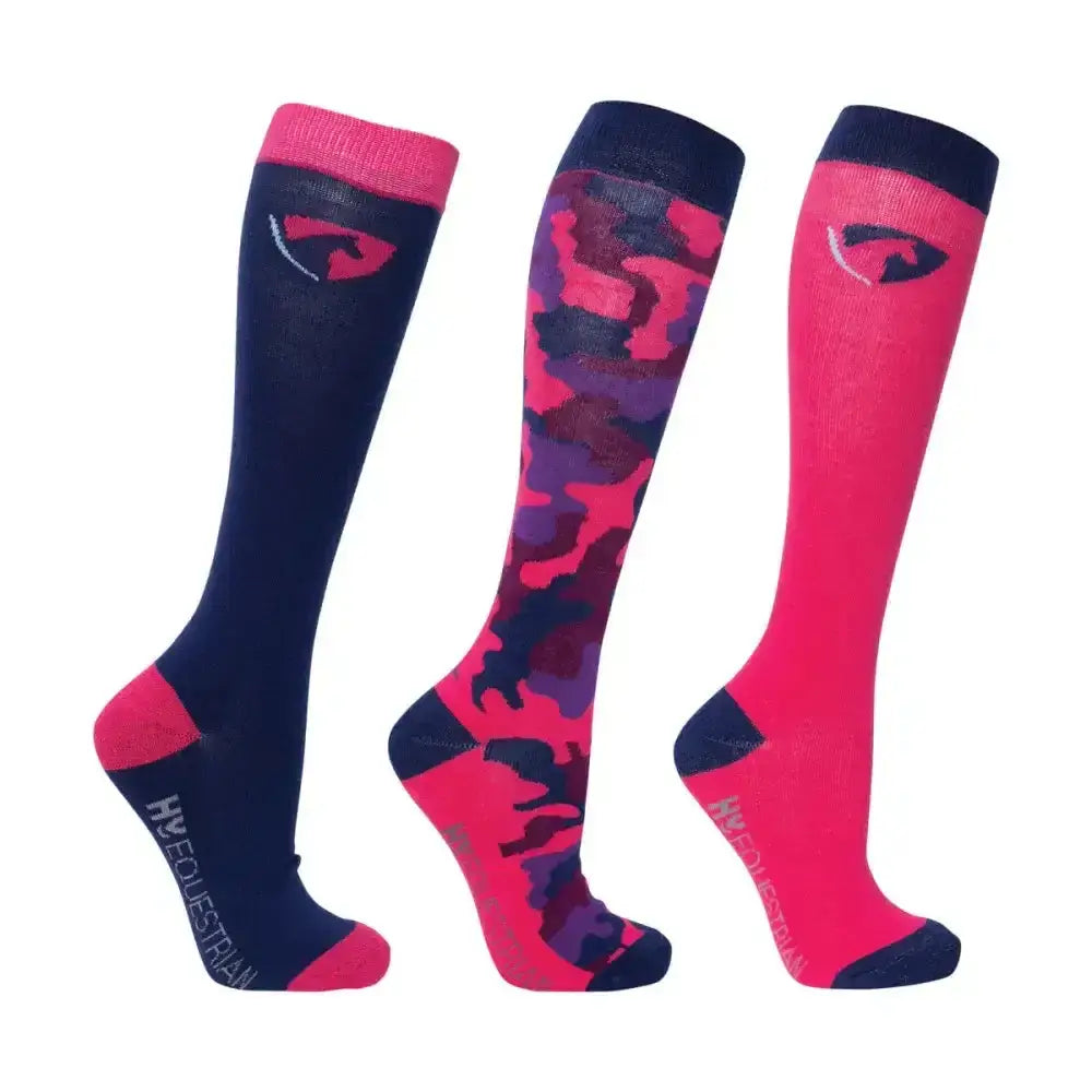 Set of three vibrant pink and navy equestrian dynaforce socks with camo design and hyequestrian logo on the sole