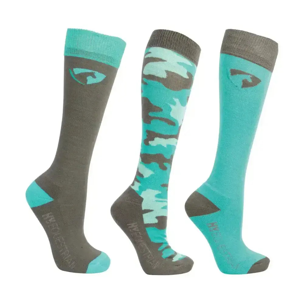 Three knee-high riding socks in teal and gray with camo and logo accents from hy equestrian dynaforce socks pack