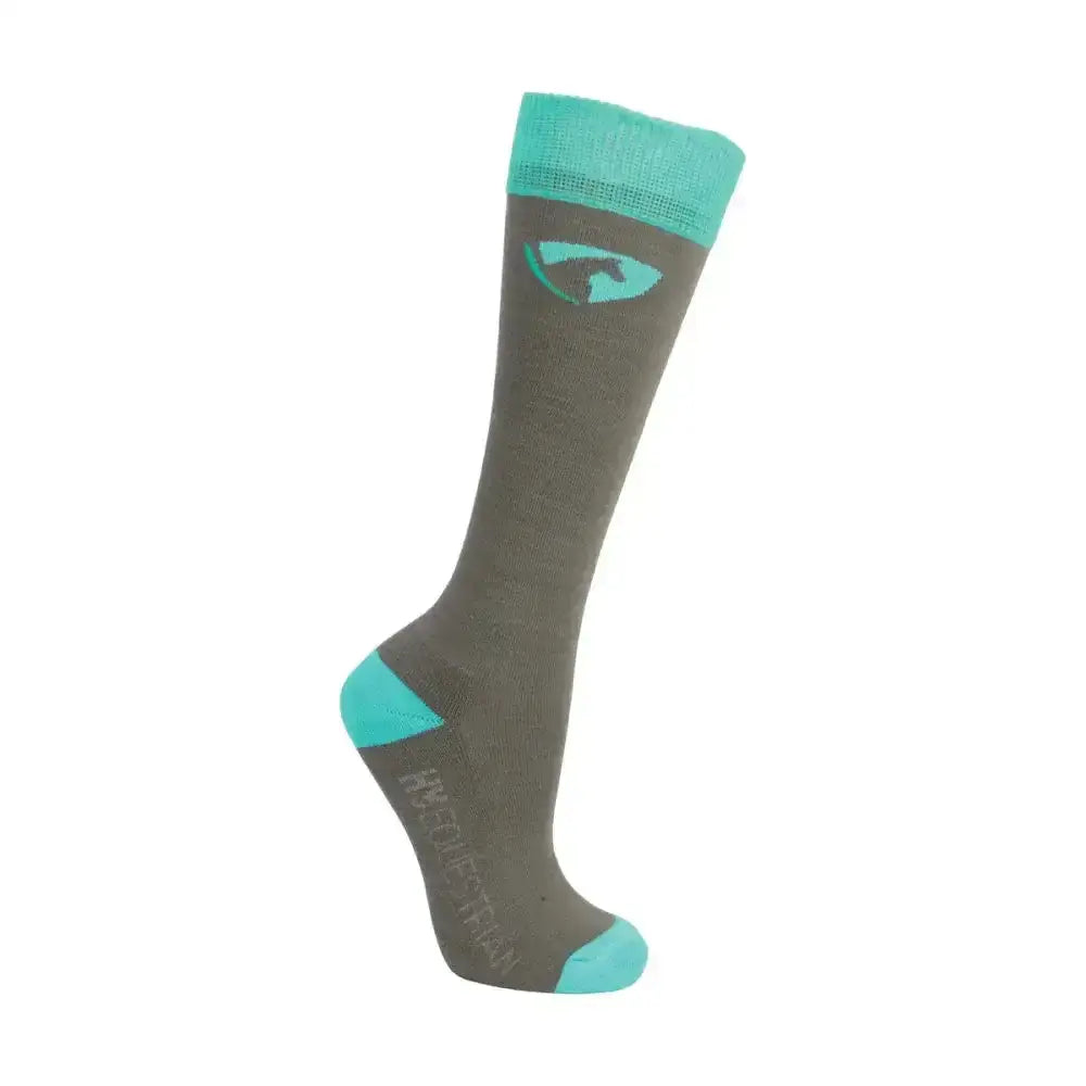 Dark gray hy equestrian dynaforce riding sock with teal accents and stylized eye logo, part of dynafforce socks pack