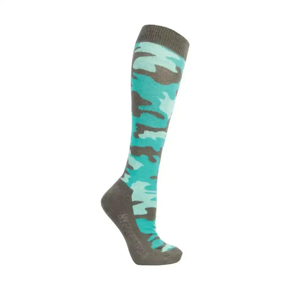 A teal and brown camouflage riding sock with a ribbed gray cuff from hy equestrian dynaforce socks pack