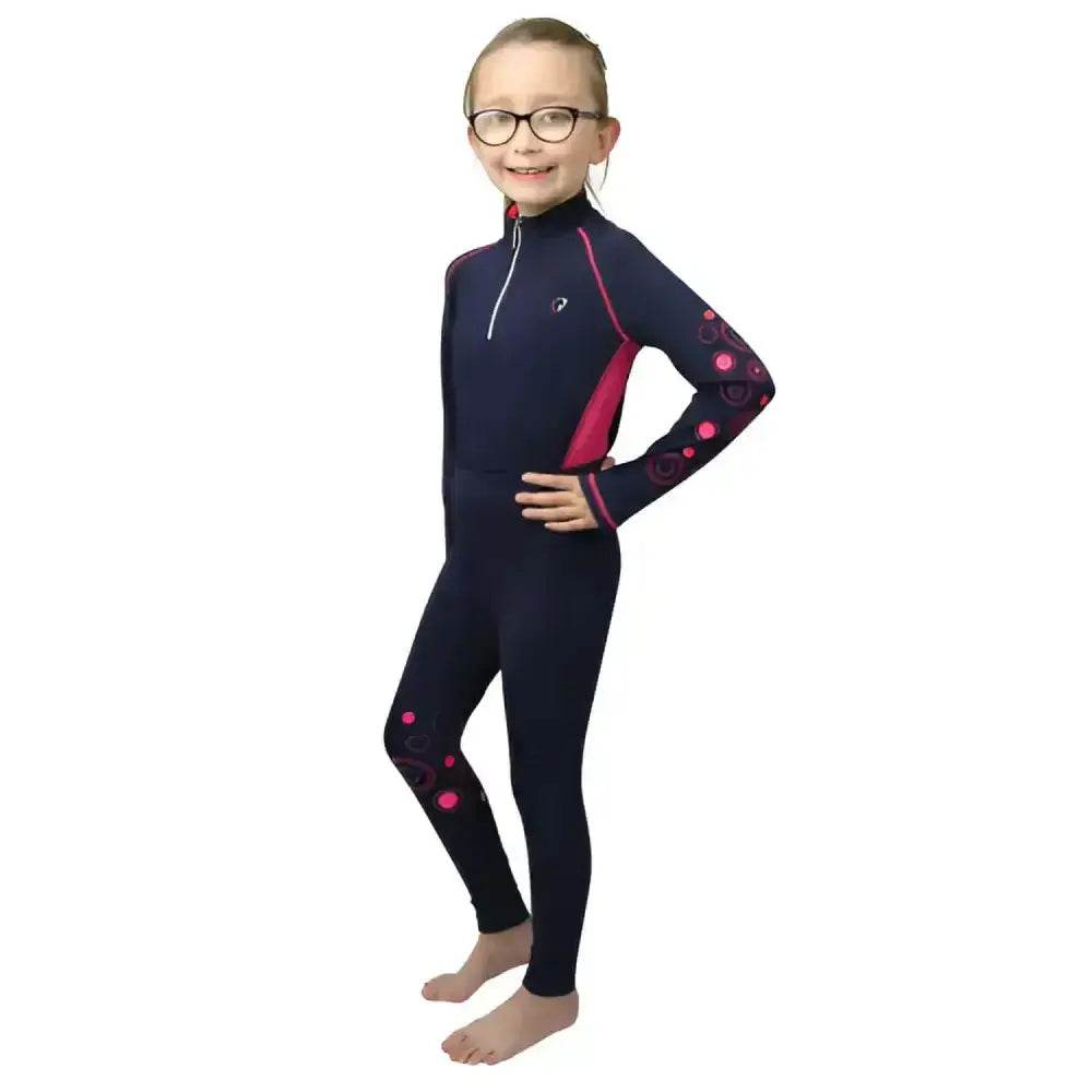Navy blue and pink patterned children’s wetsuit with high collar and zipper closure by hy equestrian dynamizs ecliptic baselayer