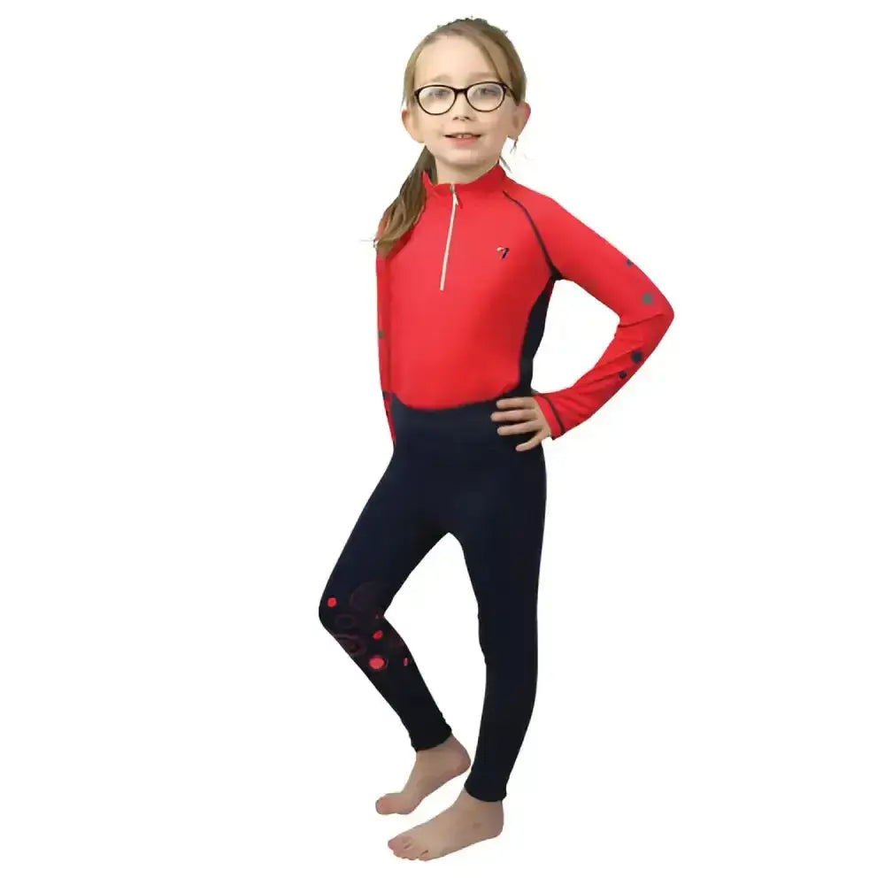 Red and navy blue long-sleeved rash guard with black polka dot legs from hy equestrian dynamizs ecliptic baselayer