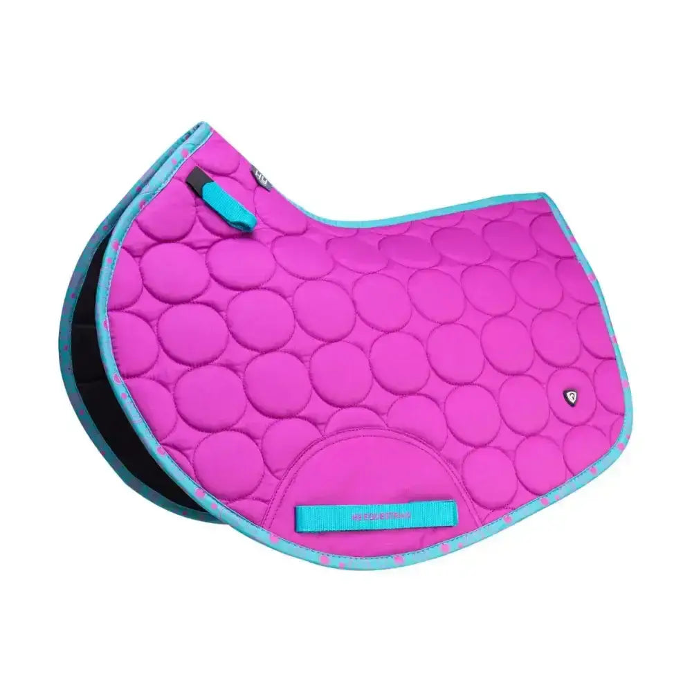 Vibrant pink quilted dynamizs ecliptic close contact saddle pad with teal trim and circular padding design by hy equestrian