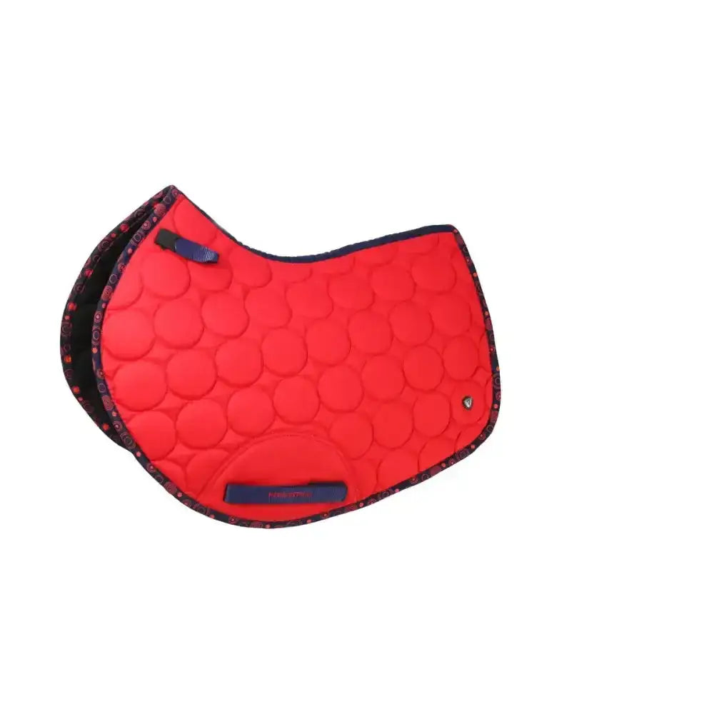 Vibrant red quilted hy equestrian dynamizs ecliptic close contact saddle pad with navy trim and subtle edge pattern