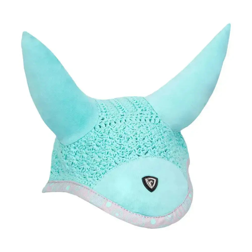 A mint green hy equestrian dynamizs ecliptic fly veil with soft plush ears and close-knit crochet design