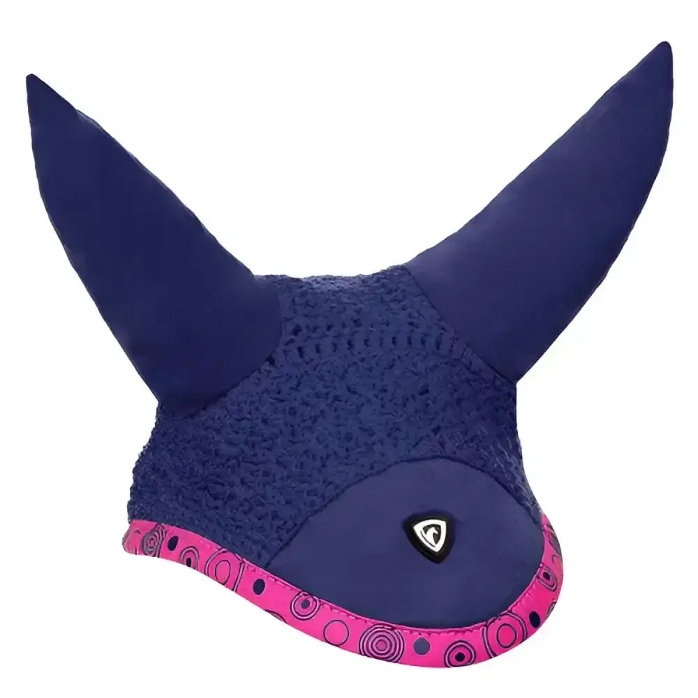 Navy blue hy equestrian dynamizs ecliptic fly veil with pink patterned trim and close-knit crochet design