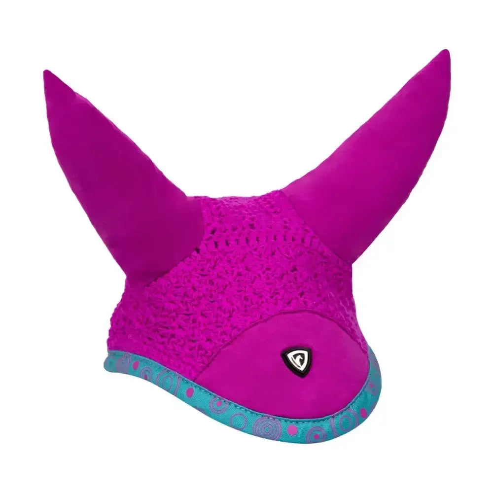 Vibrant magenta hy equestrian dynaMizs ecliptic fly veil with lace detailing teal trim and close-knit crochet design