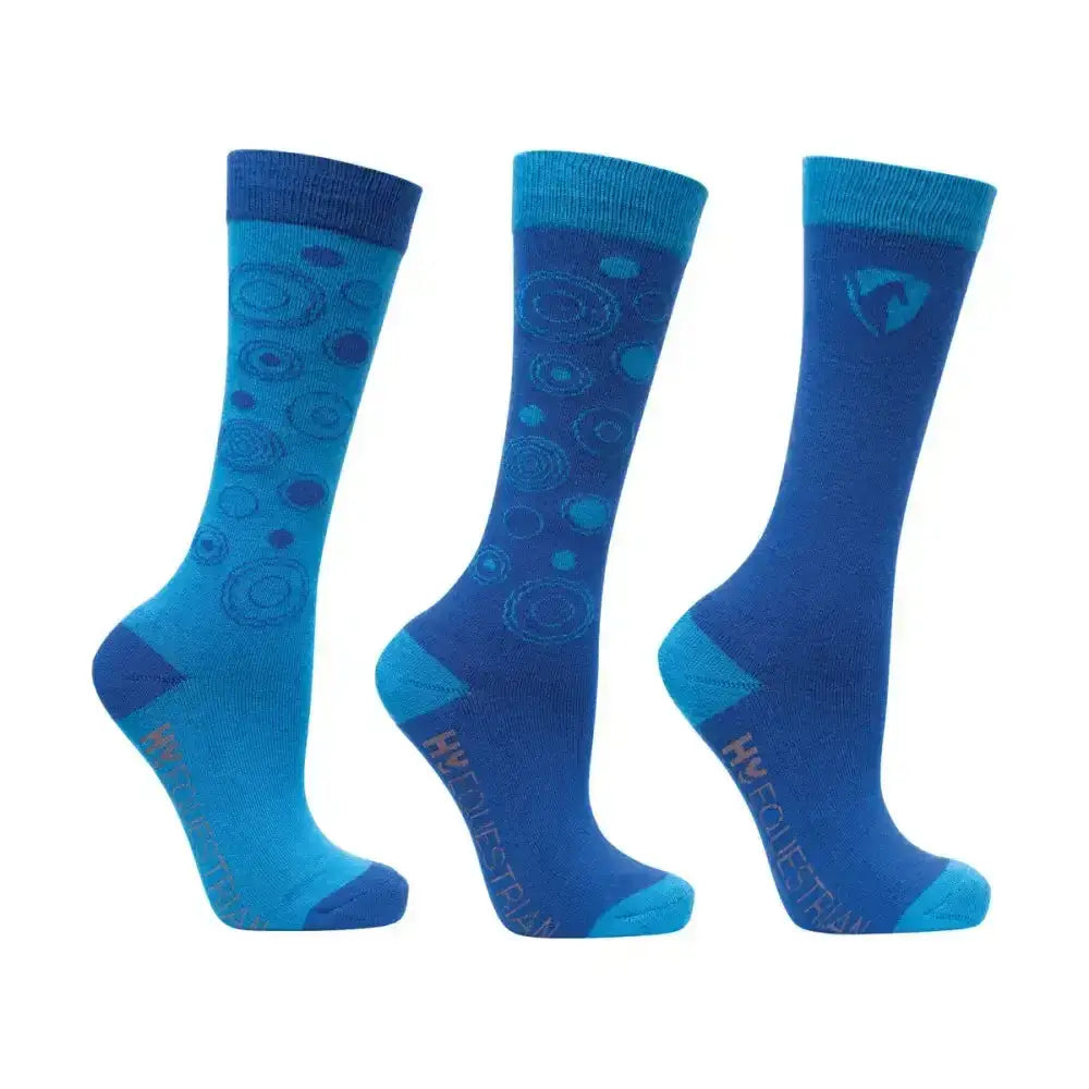 Set of three blue equestrian dynamizs ecliptic socks with ribbed cuff, toe accent, and circular patterns