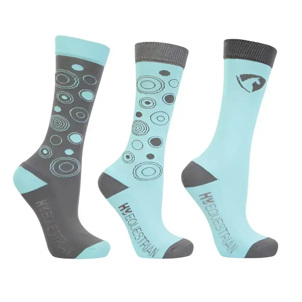 Set of three light blue and dark gray equestrian dynamizs ecliptic socks with circular patterns on soft knit fabric