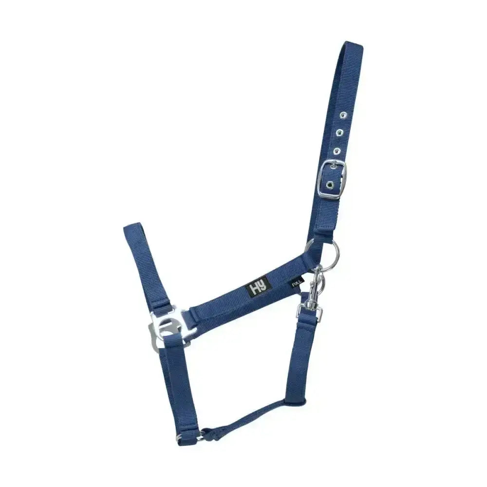 Navy blue nylon hy equestrian economy plus head collar with silver hardware reinforced eyelet holes adjustable throat fastening increased durability