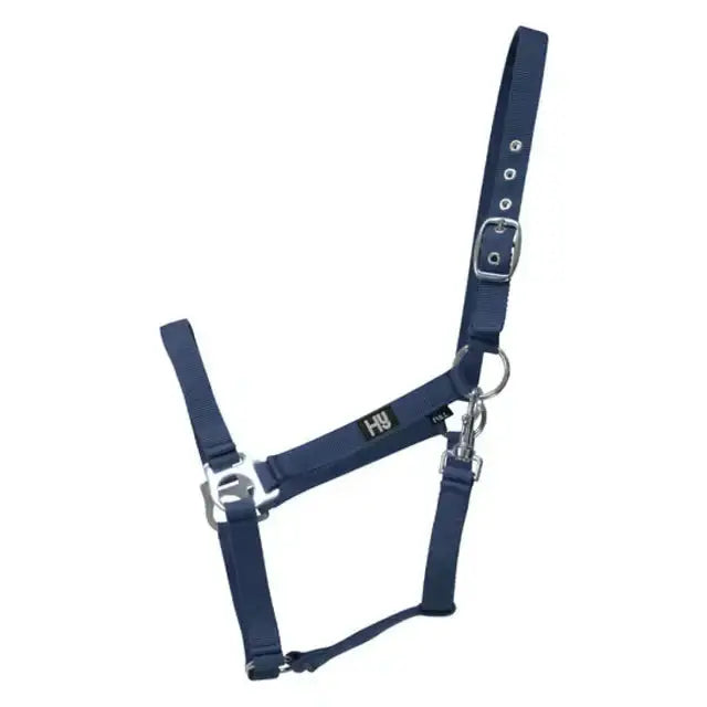 Navy blue hy equestrian economy plus head collar with reinforced eyelet holes silver hardware and adjustable throat fastening