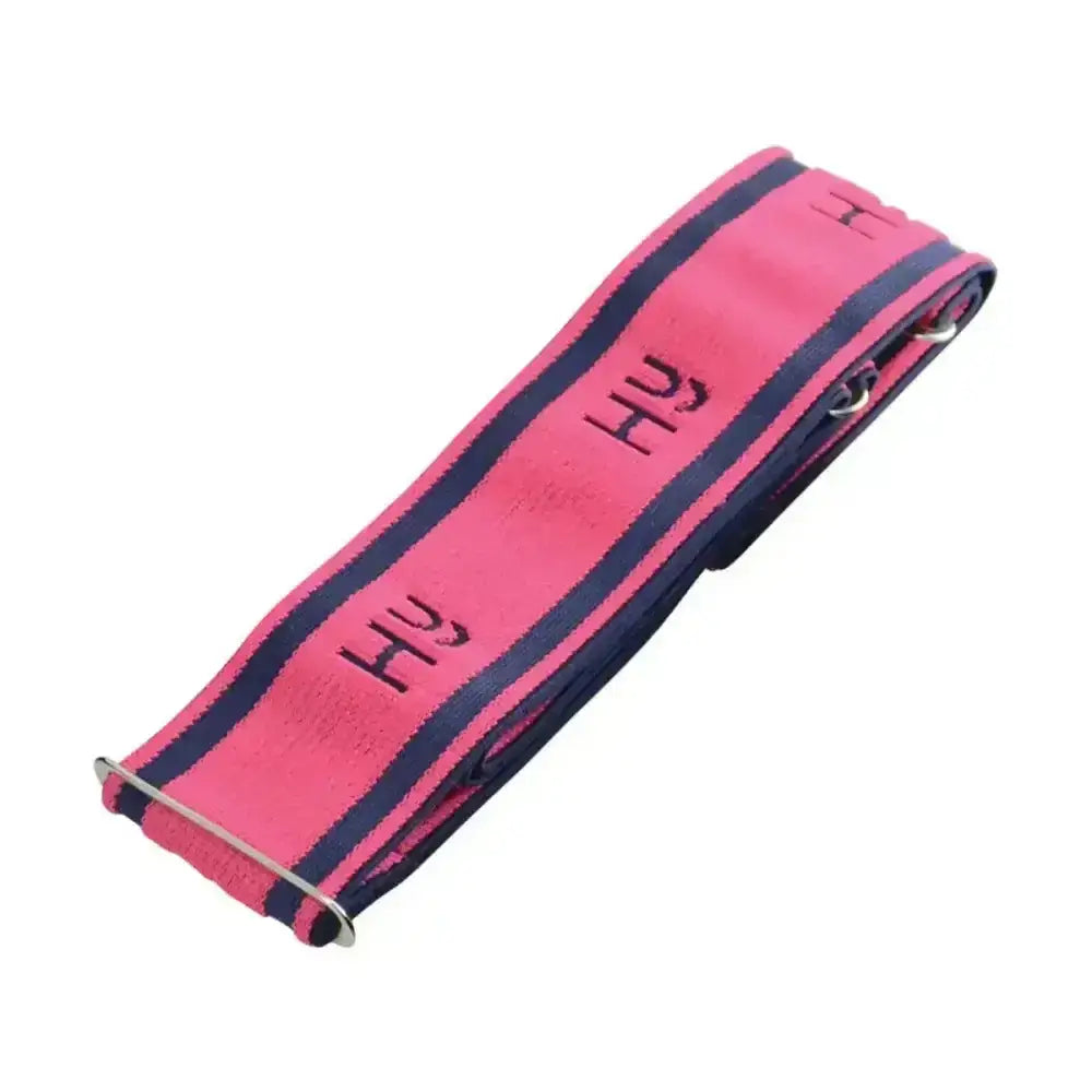 Pink and navy striped elasticated surcingle strap with embroidered h logo for a fully adjustable equestrian surcingle