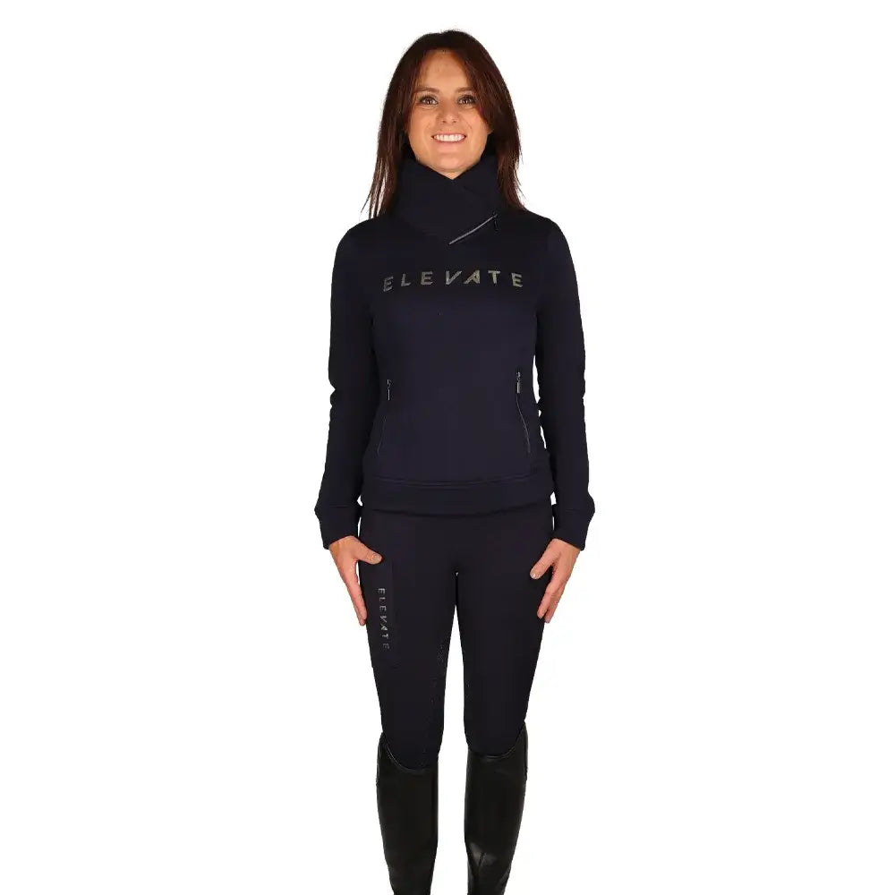 Navy blue hy equestrian elevate allure cross neck jumper with zippered side pockets and high collar