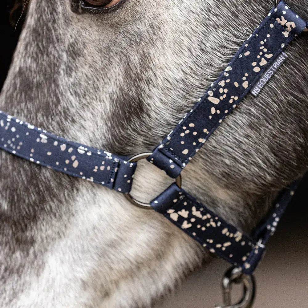 Navy blue speckled horse halter with silver hardware from hy equestrian elevate allure head collar and lead rope set