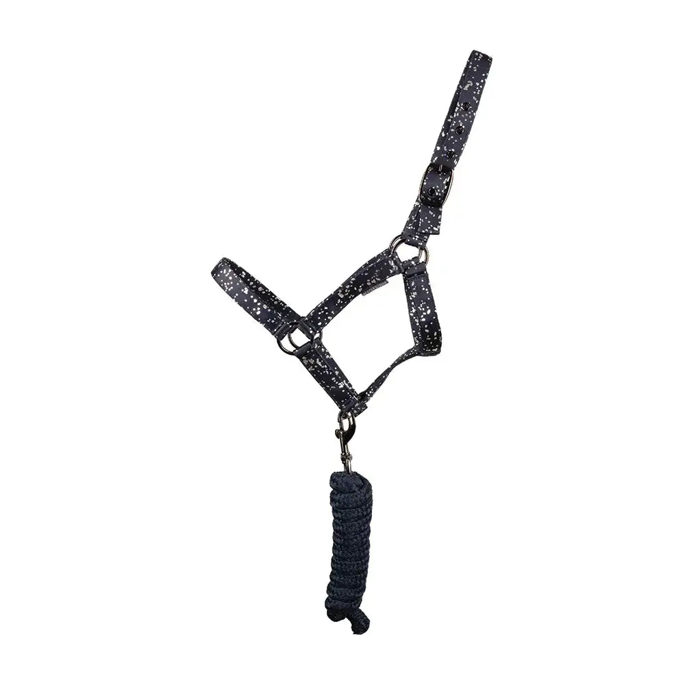 Black horse halter with white speckle pattern and matching braided lead rope from hy equestrian elevate allure head collar set
