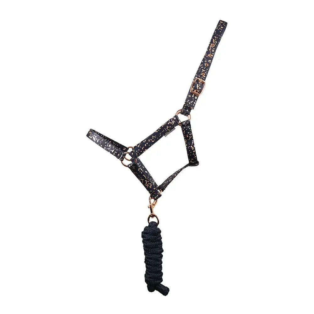 Black glitter horse halter with rose gold hardware and braided lead rope in hy equestrian elevate allure head collar set