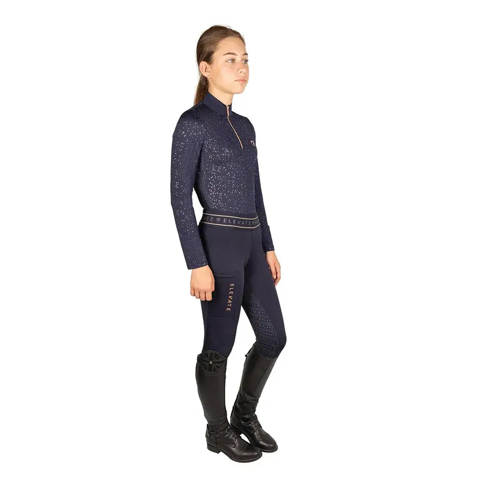Navy blue sparkly long sleeved equestrian elevate top with zipper and matching leggings from mizs base layer by elevate