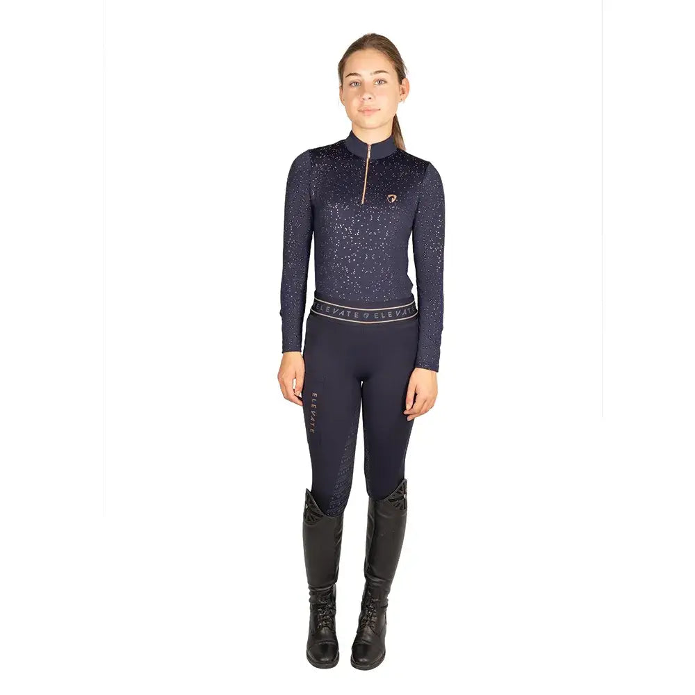 Navy blue sparkly mizs base layer with silver zipper and branded waistband from hy equestrian elevate allure