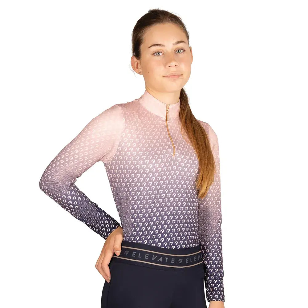 Hy equestrian elevate allure mizs ombre base layer with long sleeves light pink to dark purple gradient and white geometric pattern