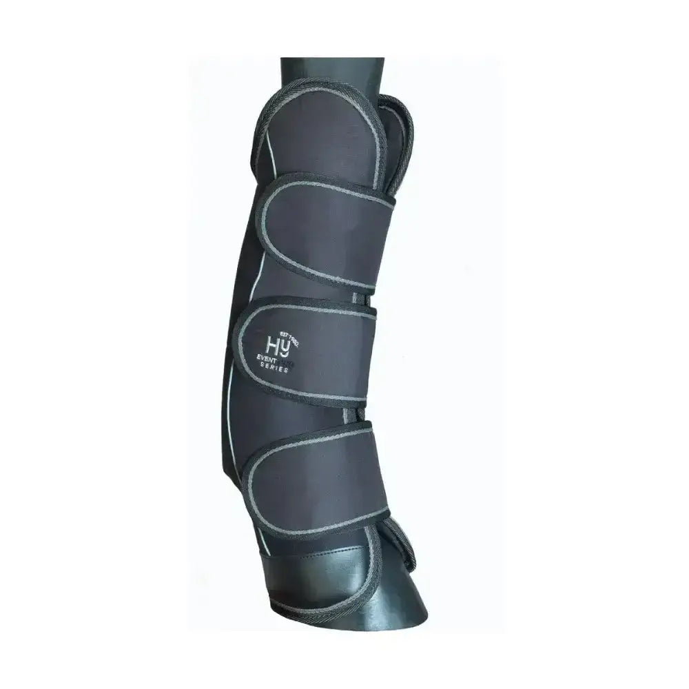 Black horse leg guard with gray stitching and branded logo from hy equestrian event pro series travel boots