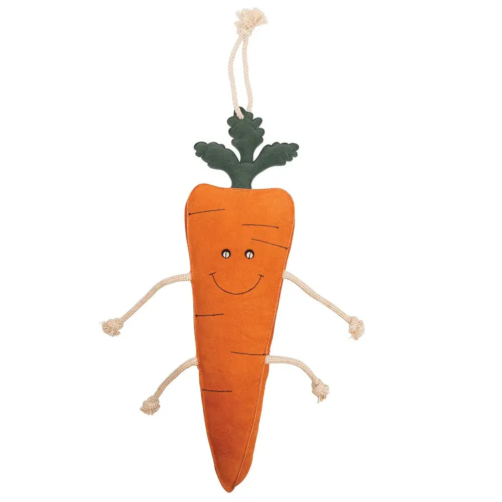 Orange plush carrot toy with rope arms and smiling face in hy equestrian extra large stable toy for playful fun