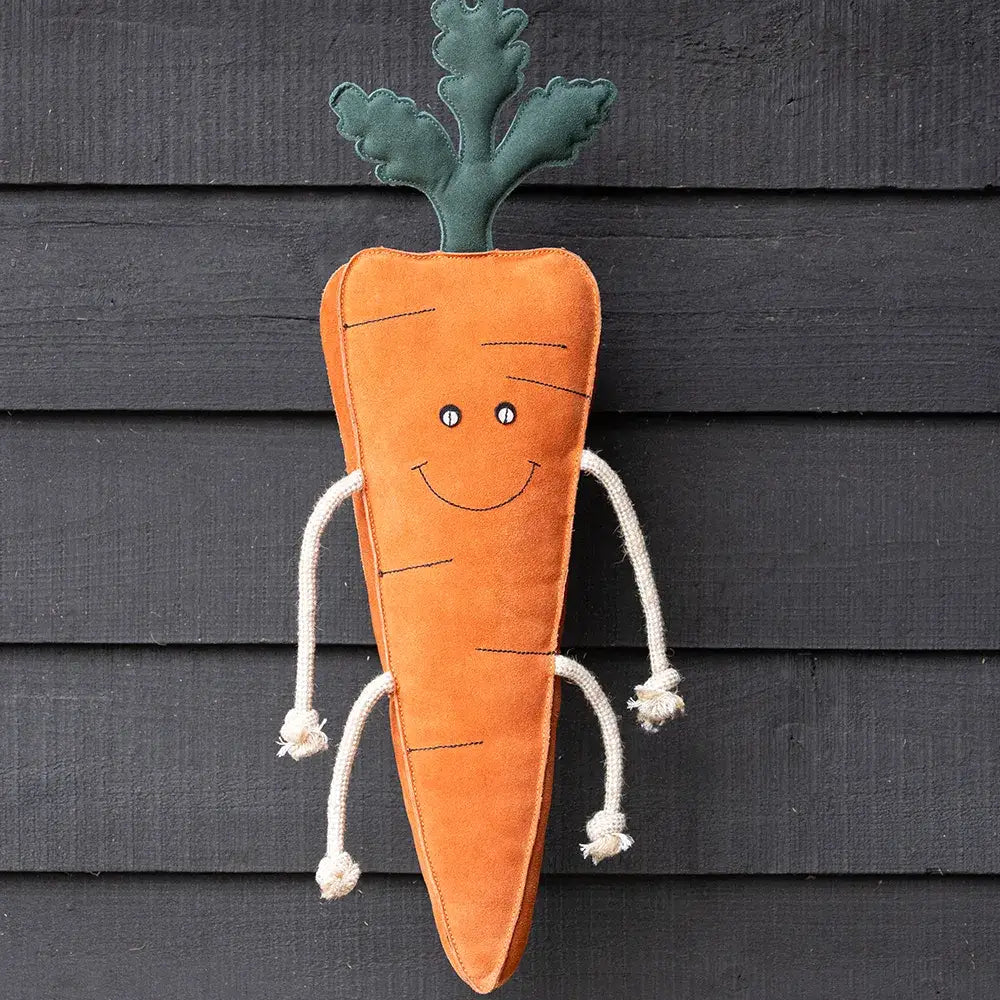 Hy equestrian extra large stable toy orange plush carrot with green top and white rope arms, large stable toy