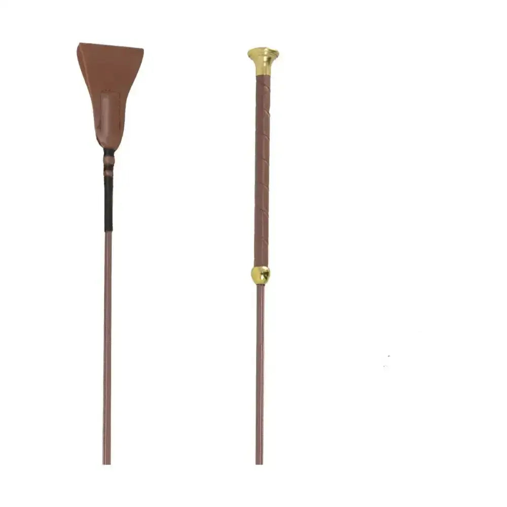 Brown leather riding whip with gold metal accents from hy equestrian faux leather smart whip creates style and function