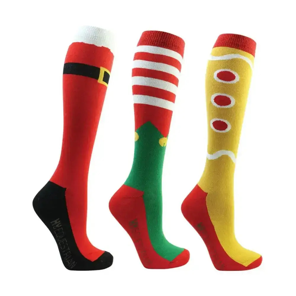 Hy equestrian festive feet junior christmas socks pack of 3 with santa elf and gingerbread man designs