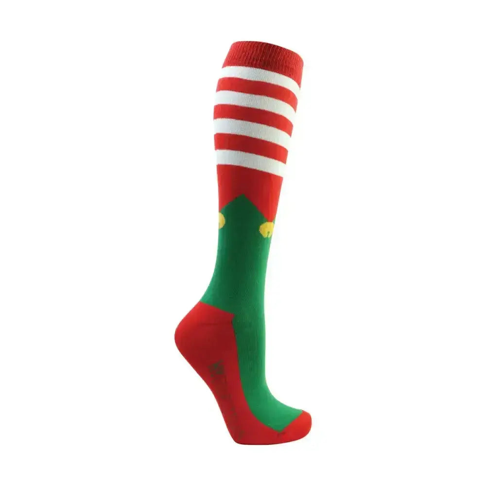 Red and green elf-themed knee-high equestrian festive feet socks with white stripes and yellow button details for christmas