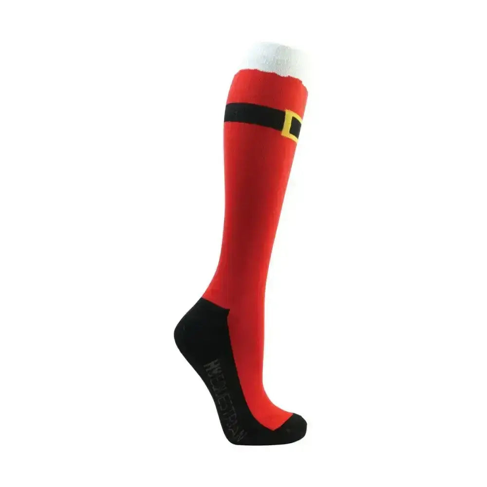 Red santa claus-themed knee-high socks with black belt and gold buckle detail for hy equestrian festive feet junior