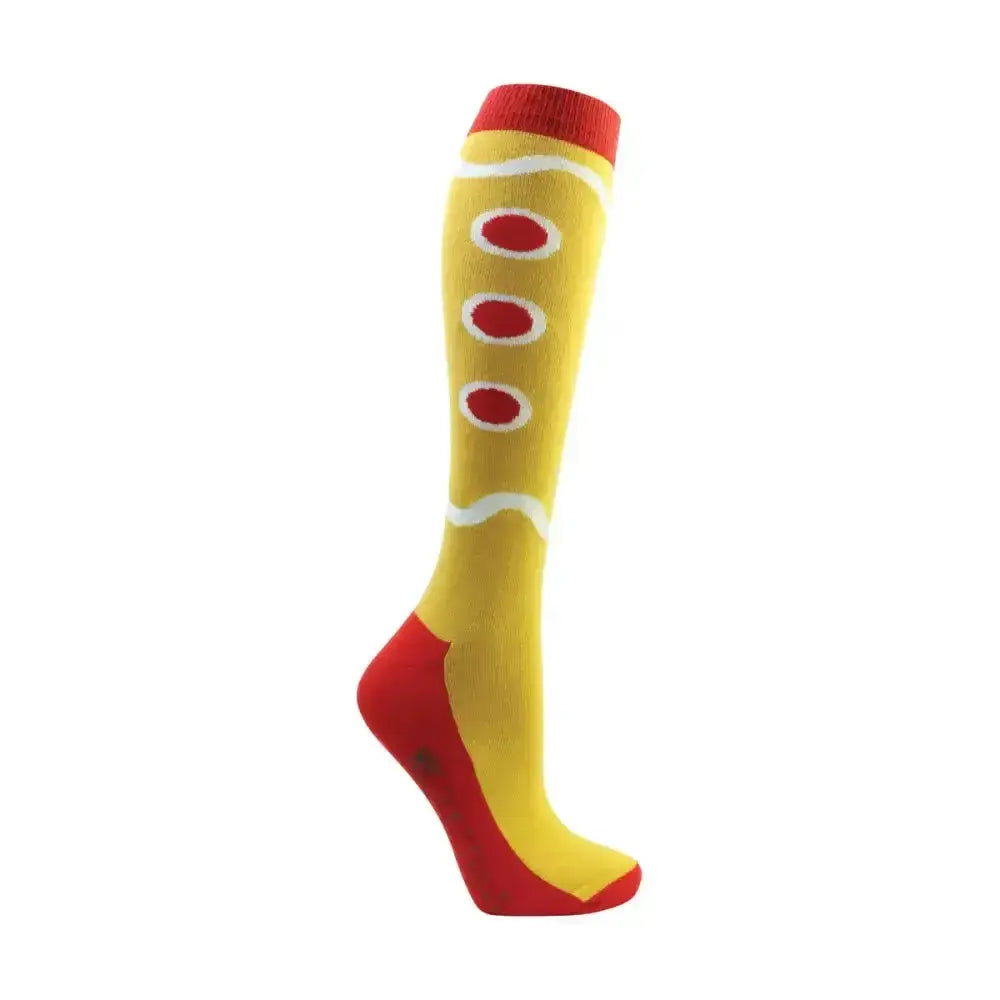 Yellow knee-high hy equestrian festive feet sock with red accents and white patterns designed like a hot dog